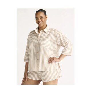 Joyspun Women’s Woven ¾ Sleeve Notch Collar Top and Boxer Shorts Pajama Set